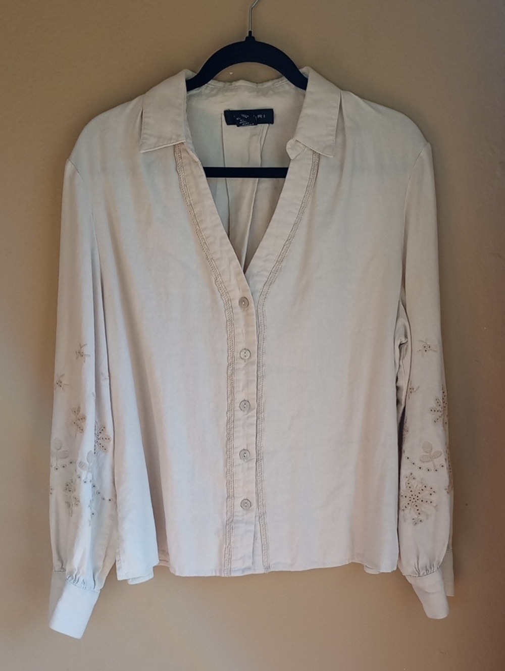TAhari Linen Blend Button Up Embroidery Balloon Sleeve Boho Minimal Top Size XL